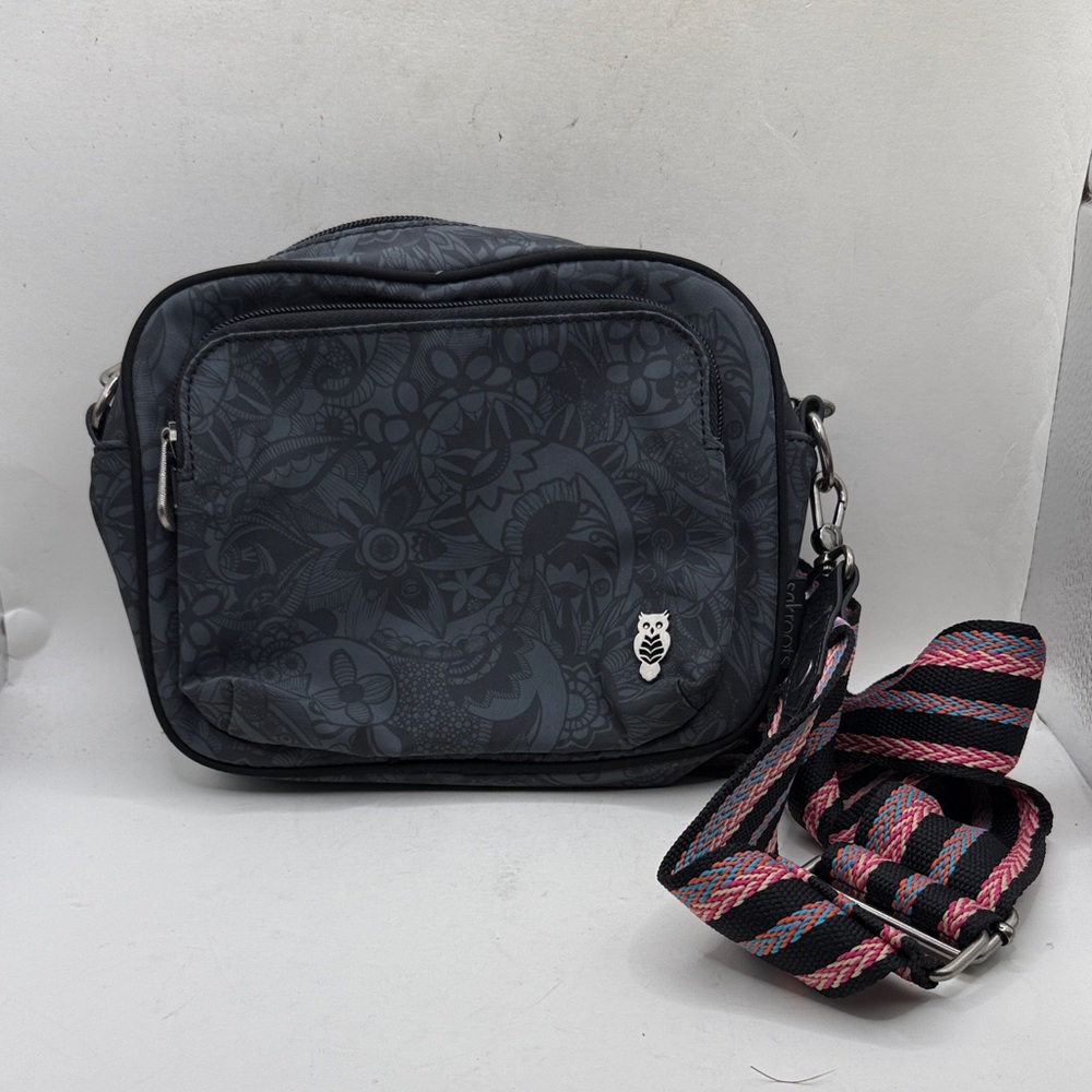 Sakroots Dark Gray Floral Crossbody Bag with Pink & Black Strap